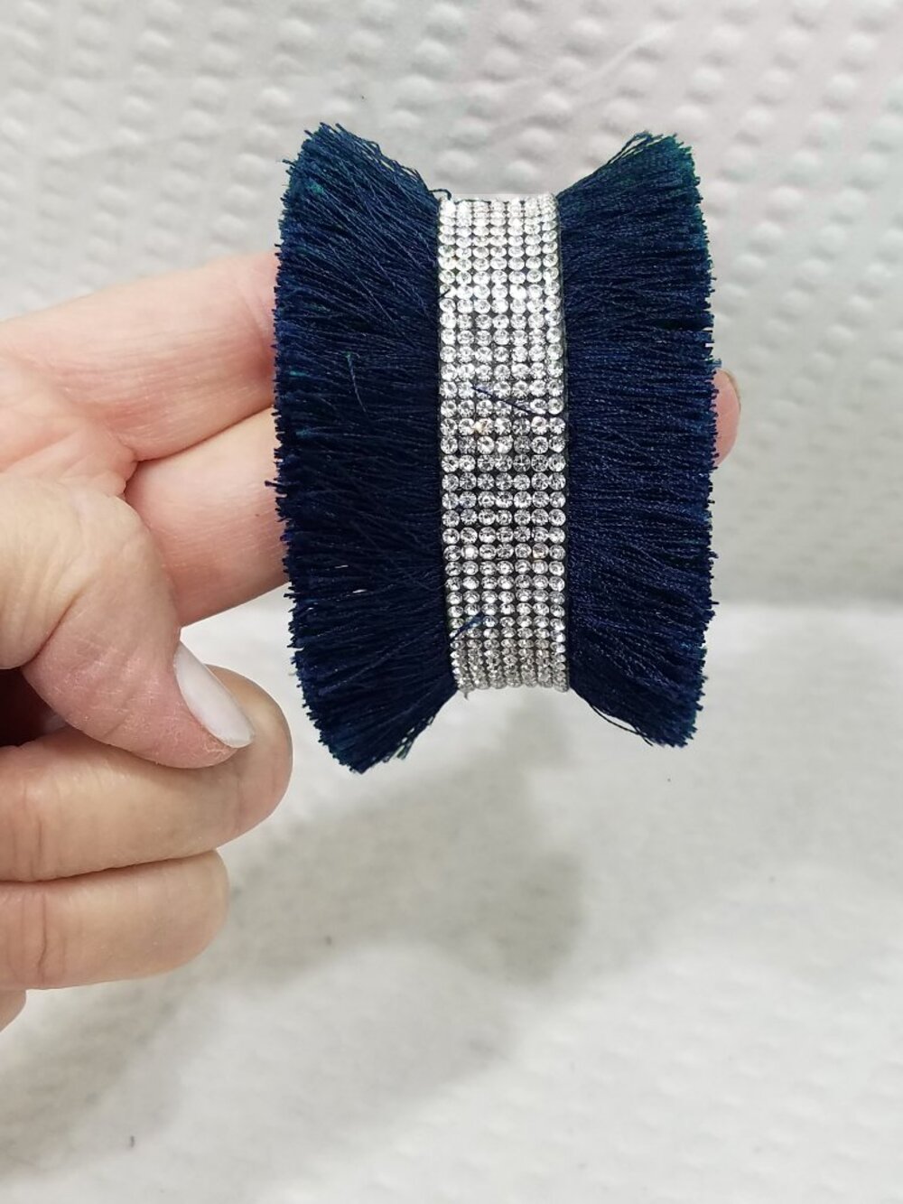 Clear White Rhinestone and Navy Blue Silk Fringe Magnetic Wrap Cuff Bracelet